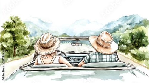 A serene watercolor illustration capturing a couple driving through scenic landscapes, enjoying a carefree summer road trip with hats and smiles.