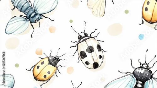 A vibrant and whimsical illustration featuring various insects like ladybugs and bees, set against a soft, dotted background in pastel colors.