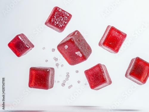  flying cubed rectangle gummies in red color, with sugar crystals on them, white background 