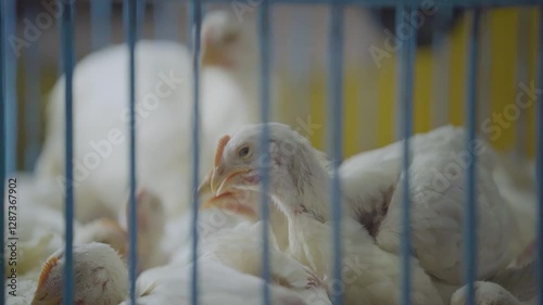 White chickens in cage, Poultry farm close-up, Chickens behind bars, Farm animals in captivity, Broiler chickens in enclosure, Livestock farming scene, Chicken coop interior

 photo