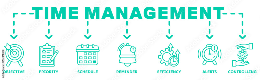 Time Management banner web icon vector illustration concept with icon of objective, priority, schedule, reminder, efficiency, alert, controlling Time Management banner web icon vector illustration concept with icon of objective, priority, schedule, reminder, efficiency, alert, controlling