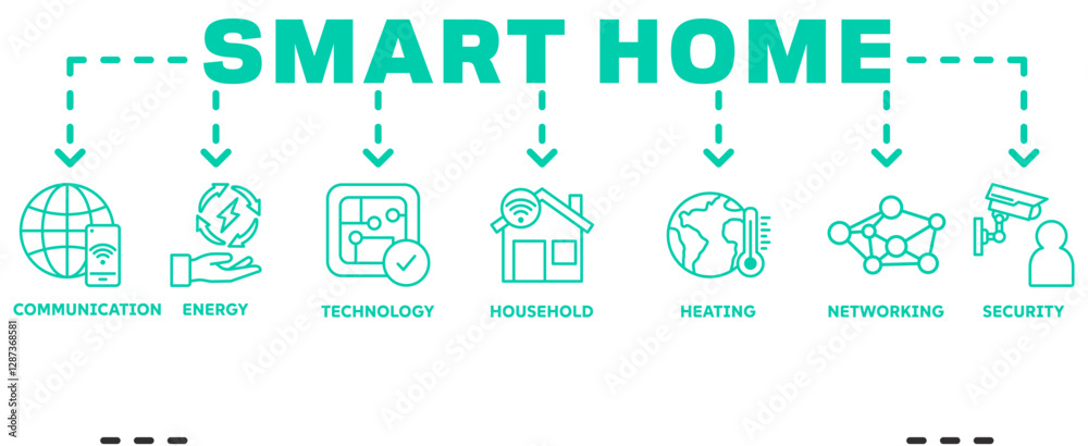 Smart Home banner web icon vector illustration concept with icon of communication, energy, technology, household, heating, networking, security Smart Home banner web icon vector illustration concept with icon of communication, energy, technology, household, heating, networking, security