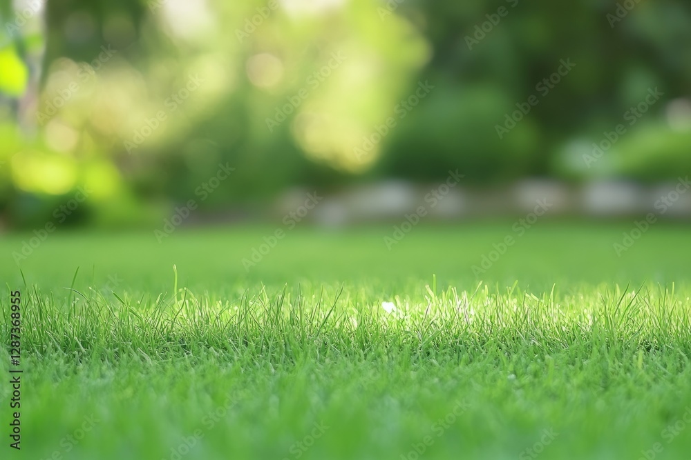 High Quality Visual of Close Up of Green Grass with Blurred Garden Background High Quality Visual of Close Up of Green Grass with Blurred Garden Background