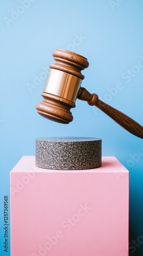 Wooden gavel resting on a stone block against a blue and pink background. Justice and law enforcement concept