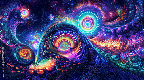 A vivid fractal surge gleams in neon blue, purple, and green