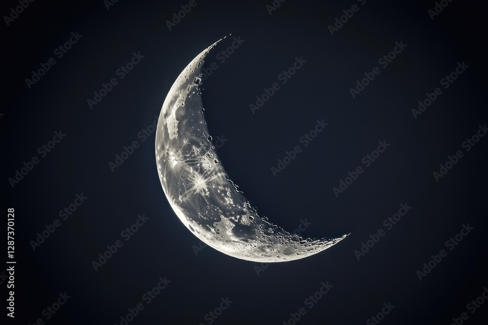A crescent moon shines brightly against a dark night sky A crescent moon shines brightly against a dark night sky