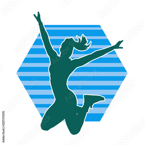Silhouette of a happy slim woman jumping cheerfully.