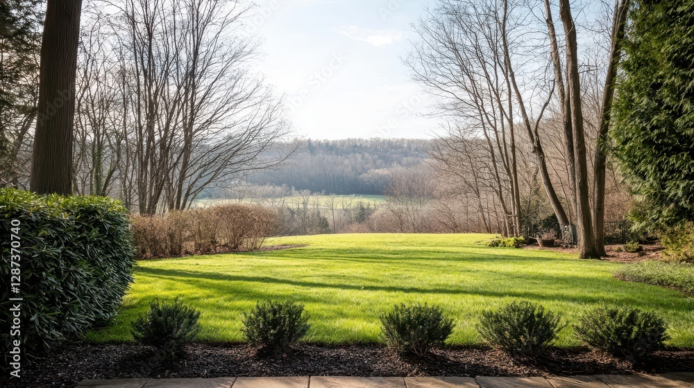 Obraz premium A serene landscape view featuring lush green grass, trees, and hills under a clear sky, inviting tranquility and nature's beauty.