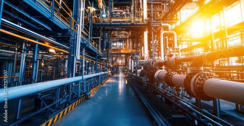 Industrial Refinery Interior: Complex Network of Pipes and Structures