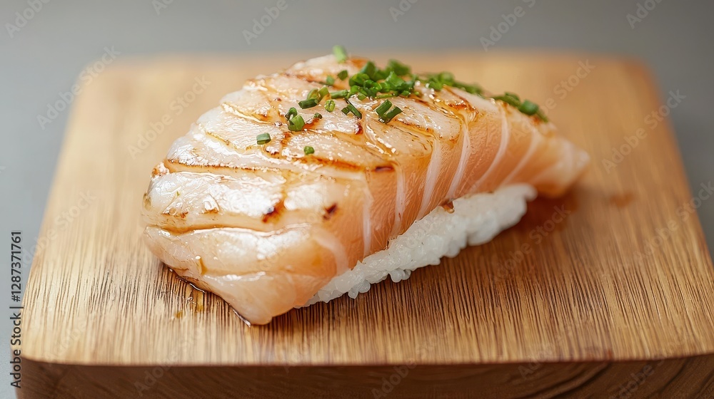 A beautifully presented piece of grilled salmon sushi on a wooden plate, garnished with herbs, showcasing a blend of textures and colors. A beautifully presented piece of grilled salmon sushi on a wooden plate, garnished with herbs, showcasing a blend of textures and colors.