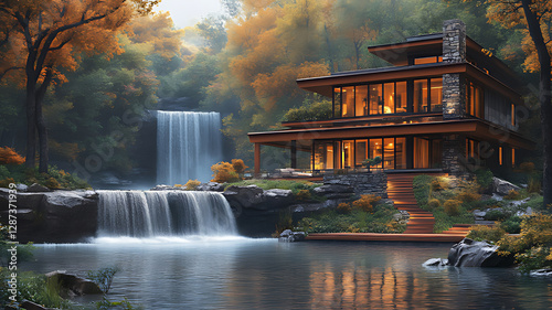 Modern Glass-Front Home Overlooking Cascading Waterfall in Forest during Autumn
