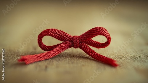 Red Yarn Bow Tied On Wooden Surface