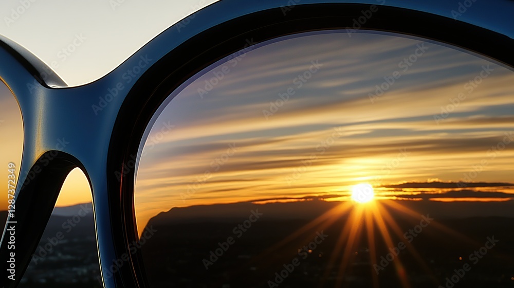 Fototapeta premium Sunset reflected in sunglasses, mountain view, advertising