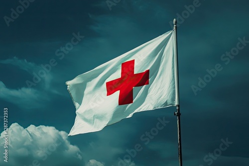 High Quality Picture of Red Cross on White Flag as First Aid Sign