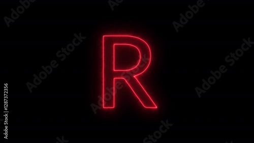 Animated neon letter R, trendy glowing loop neon alphabet letter R, Bright neon glowing light red letter R, Seamless looping animation on black background.