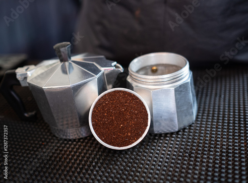 Ingredients for making coffee. Moka pot.
