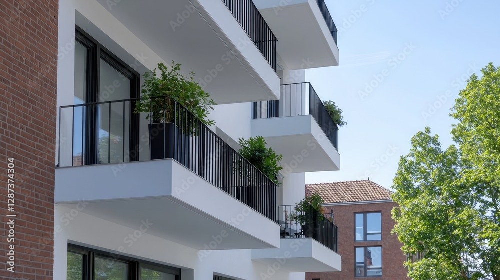 Modern apartment building balconies, clear sky, urban setting, residential housing, great for real estate ads Modern apartment building balconies, clear sky, urban setting, residential housing, great for real estate ads