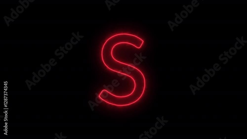 Animated neon letter S, trendy glowing loop neon alphabet letter S, Bright neon glowing light red letter S, Seamless looping animation on black background.