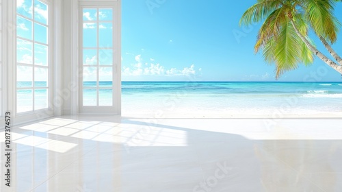 Tropical beach view from white room; interior design