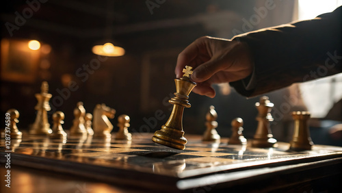 Golden Chess Pieces on Board With Hand Moving King Strategy Game