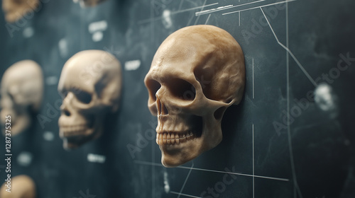 A museum exhibit displaying various hominid skulls mounted on a black wall - Generative AI
