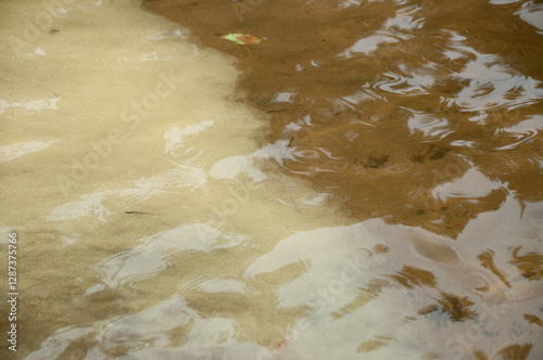 A close-up of spring pollen on the surface of a lake creating textured clouds in the water