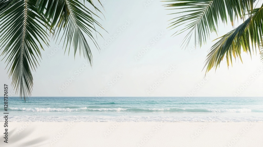 Fototapeta premium A serene beach scene featuring gentle waves, soft sand, and lush palm leaves framing a calm, sunny horizon.