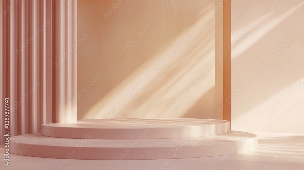 Soft Peach Two-Tiered Pedestal in Sunlit Room with Draped Column Soft Peach Two-Tiered Pedestal in Sunlit Room with Draped Column