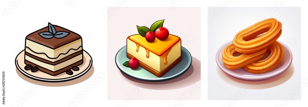 Three desserts are presented: a layered chocolate cake with mint, a cheesecake with caramel and cherries, and a stack of golden churros. Three desserts are presented: a layered chocolate cake with mint, a cheesecake with caramel and cherries, and a stack of golden churros.