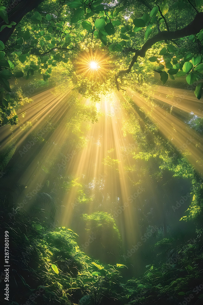 Mystical Sun Rays Piercing Through Dense Forest Canopy Illuminating Lush Greenery with Ethereal Glow Mystical Sun Rays Piercing Through Dense Forest Canopy Illuminating Lush Greenery with Ethereal Glow