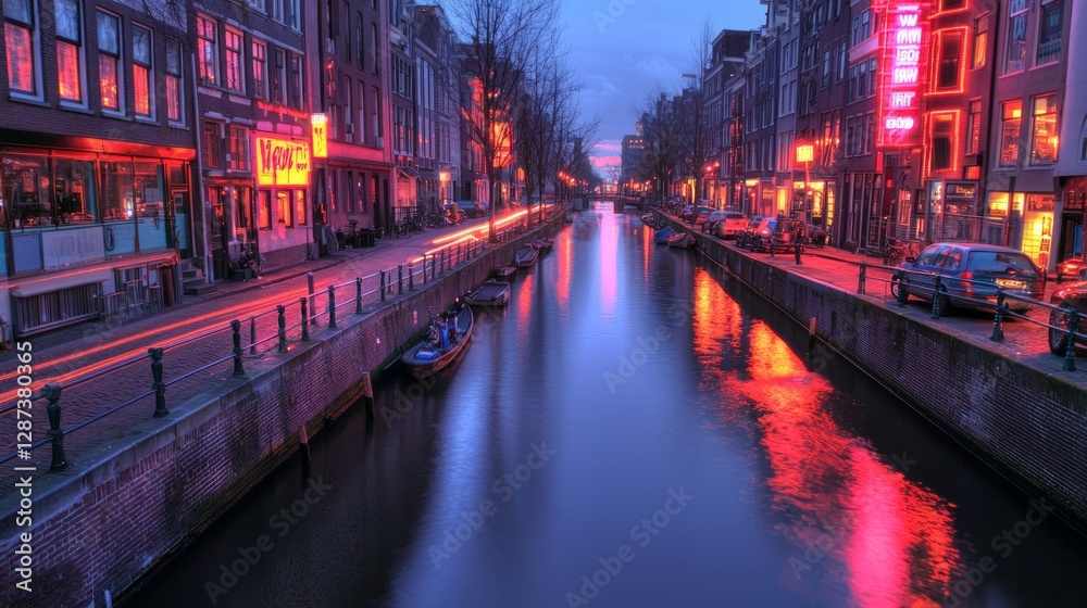 Obraz premium Vibrant Evening Canal Scene at Intersection with Reflections