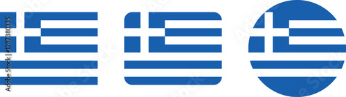 Diverse representations of the Greek flag in various shapes.