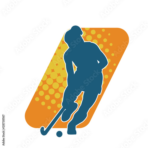 Silhouette of female field hockey athlete in action. Silhouette of a woman playing field hockey sport.