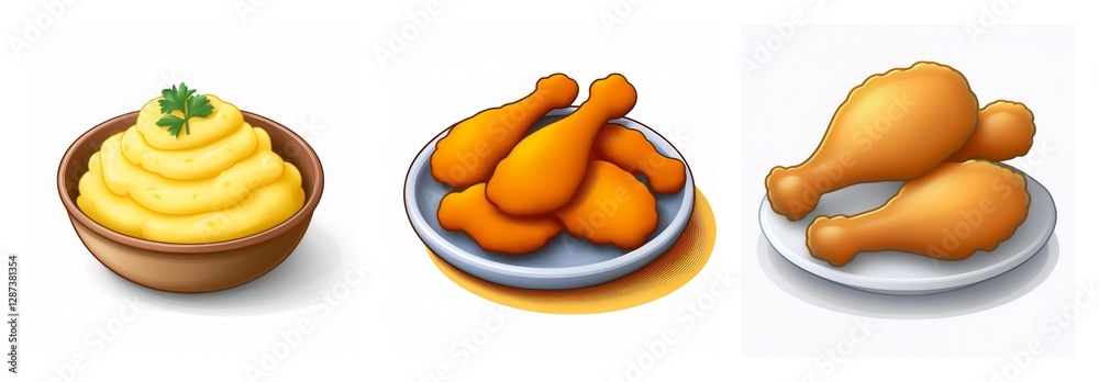 Naklejka premium A meal featuring creamy mashed potatoes topped with parsley in a bowl, alongside plates of crispy fried chicken drumsticks, presented as a delicious food illustration.