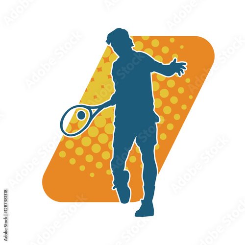 Silhouette of a male tennis player in action pose. Silhouette of a man playing tennis sport with racket.