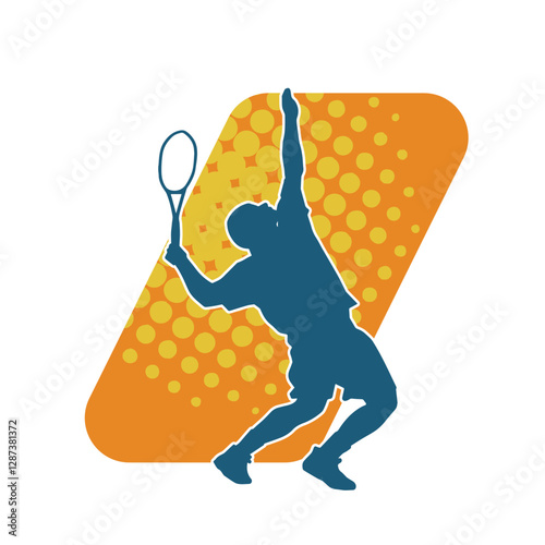 Silhouette of a male tennis player in action pose. Silhouette of a man playing tennis sport with racket.