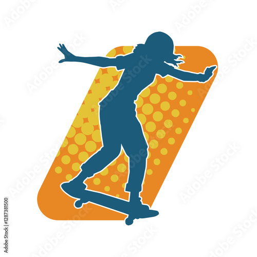Silhouette of a female in action pose on skateboard. Silhouette of an urban girl on skateboard.