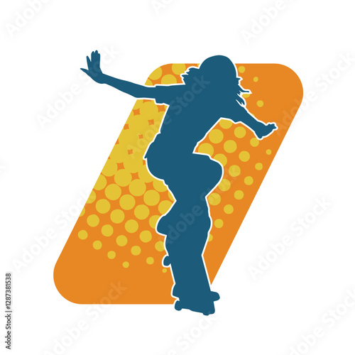 Silhouette of a female in action pose on skateboard. Silhouette of an urban girl on skateboard.