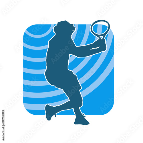 Silhouette of a male tennis player in action pose. Silhouette of a man playing tennis sport with racket.