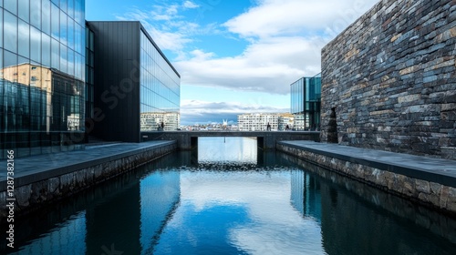 Wallpaper Mural Modern Architecture Merging Volcanic Stone Structures and Waterway Torontodigital.ca