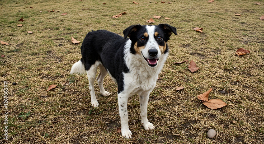 Black And White Border Collie On Grass With Autumn Leaves Black And White Border Collie On Grass With Autumn Leaves