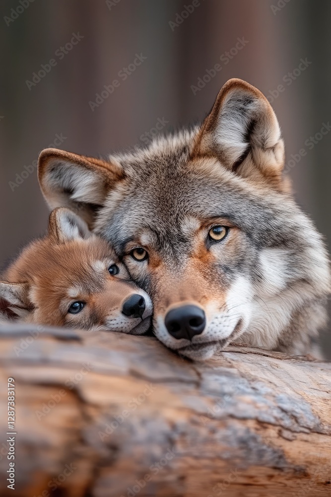 Obraz premium Tender Bond: Wolf and Pup Resting Together in Nature Scene