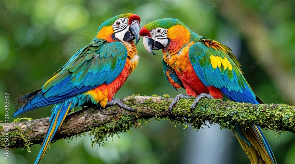 Fototapeta premium Two stunning macaws, adorned in brilliant shades of blue, green, and orange, engage playfully on a mossy branch, surrounded by the rich greenery of the rainforest, capturing nature's beauty.