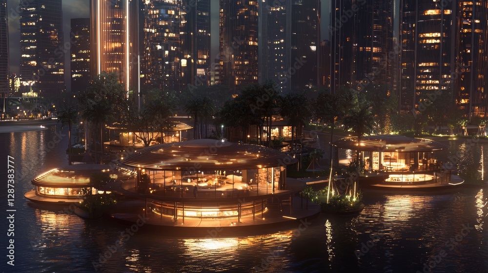 Fototapeta premium Eclectic Floating Huts Offering Unique Views in Urban Setting
