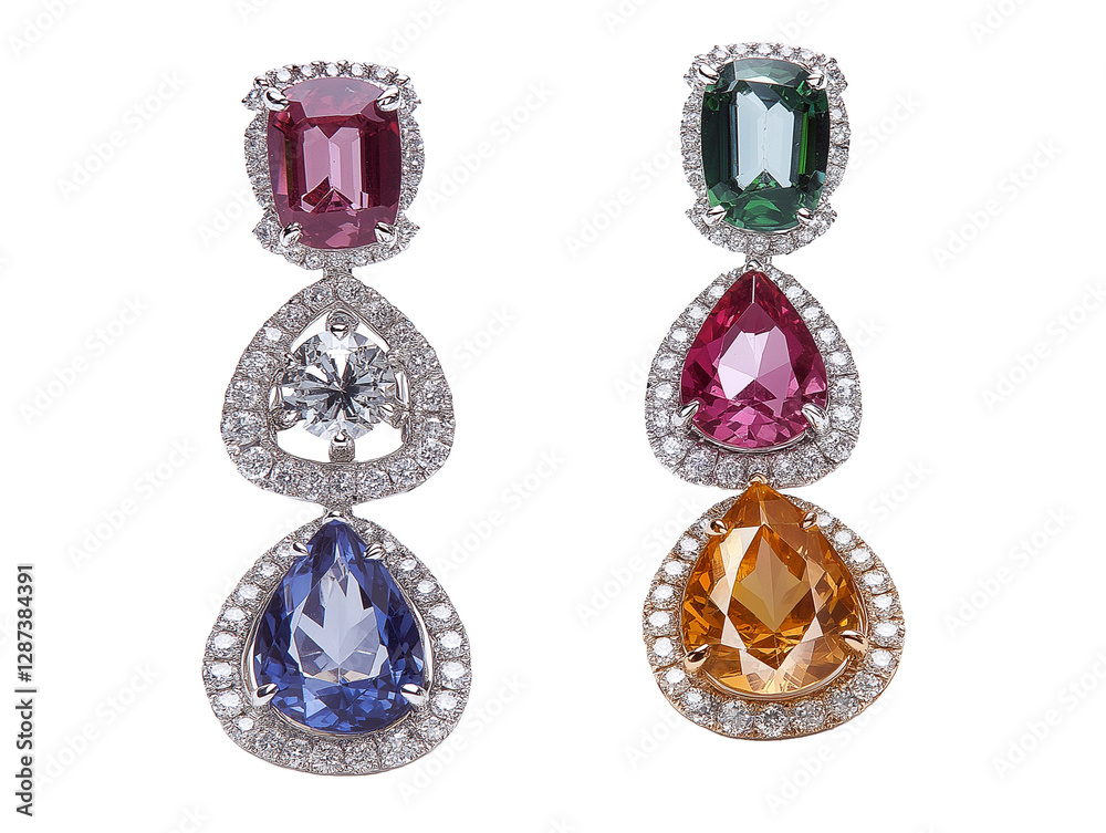 Sparkling Diamond Earrings with Various Gems Isolated on Transparent Background Sparkling Diamond Earrings with Various Gems Isolated on Transparent Background