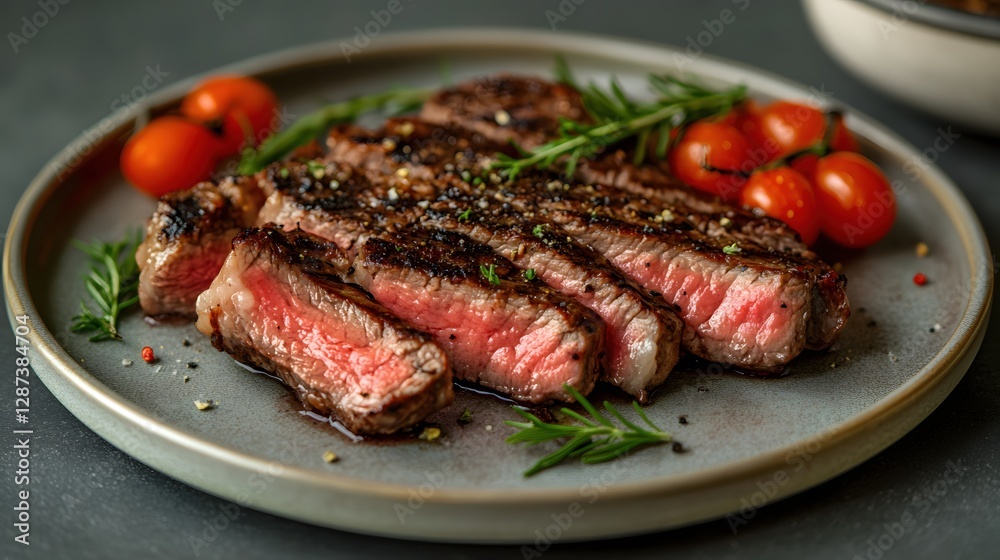 Sliced grilled steak with rosemary and cherry tomatoes on a plate Delicious food photography