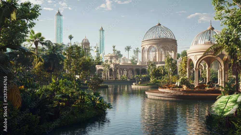 Obraz premium Restored Heritage Dome Rising Above Lush Green Landscape at Sunrise