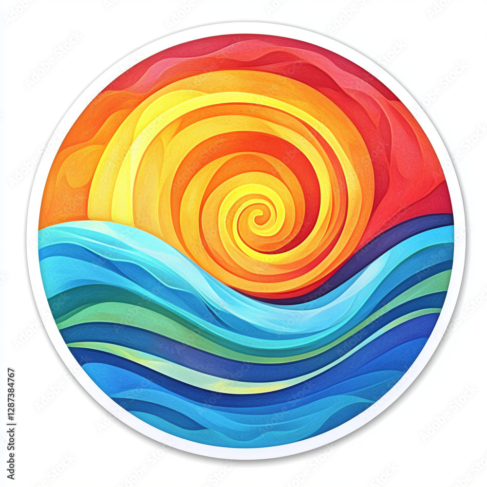 Obraz premium Abstract, sun-kissed sea artwork, features a sun spiraling above stylized blue waves. Vibrant and colorful, it offers a serene view of nature's harmony.