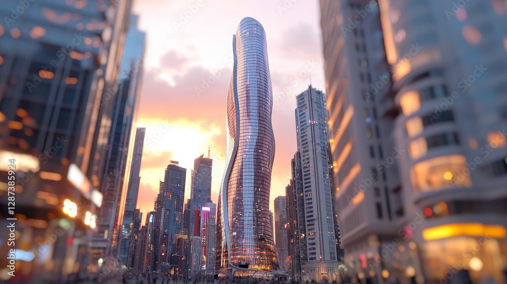 Fototapeta premium Pixelated Skyscraper at Sunset in a Bustling City