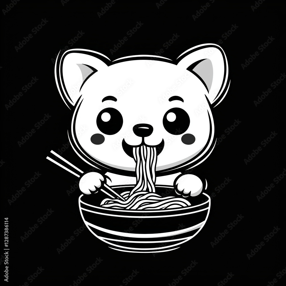 Cartoon bear enjoys a delicious bowl of noodles, using chopsticks to slurp up the tasty dish on a black background. Cartoon bear enjoys a delicious bowl of noodles, using chopsticks to slurp up the tasty dish on a black background.